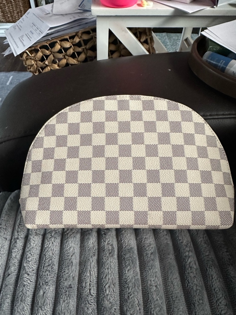 Checkered Cosmetic Pouch in Cream and Light Brown